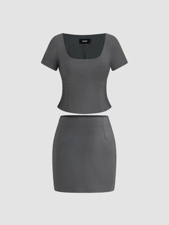 Woven Square Neck Solid Short Sleeve Top & Mid Rise Mini Skirt - Cider