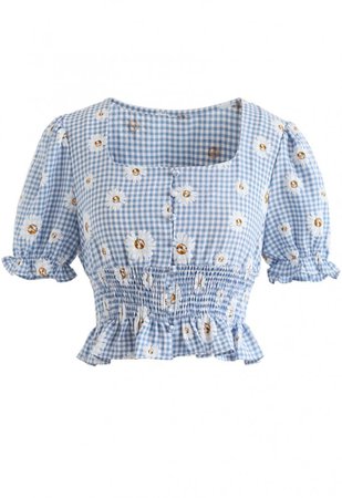 Summer Daisy Printed Gingham Square Neck Crop Top in Blue - NEW ARRIVALS - Retro, Indie and Unique Fashion