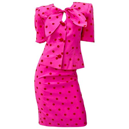 1990s David Hayes for Saks 5th Avenue Hot Pink Red Polka Dot Vintage Skirt Suit For Sale at 1stDibs