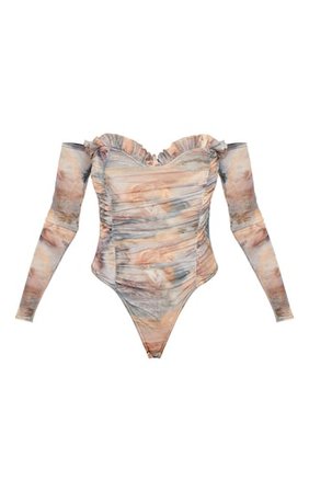 Renaissance Printed Mesh Bardot Bodysuit | PrettyLittleThing USA
