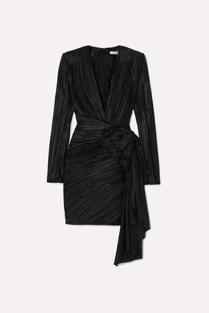 Bow-embellished Plisse-satin Mini Dress - Black