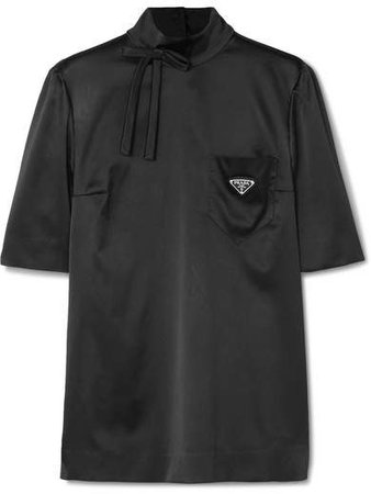 Bow-detailed Embellished Silk-blend Satin Blouse - Black