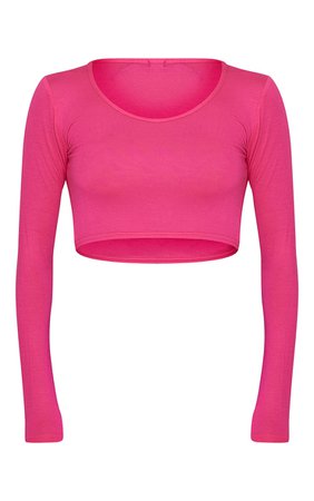Hot Pink Long Sleeve V Neck Crop Top | Tops | PrettyLittleThing USA