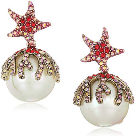 Betsey Johnson "Crabby Couture" Starfish Pearl Drop Earrings, Pink, One Size: Clothing