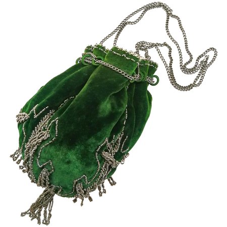 A beautiful deep green velvet and cut steel drawstring handbag, French, 1900s For Sale at 1stDibs