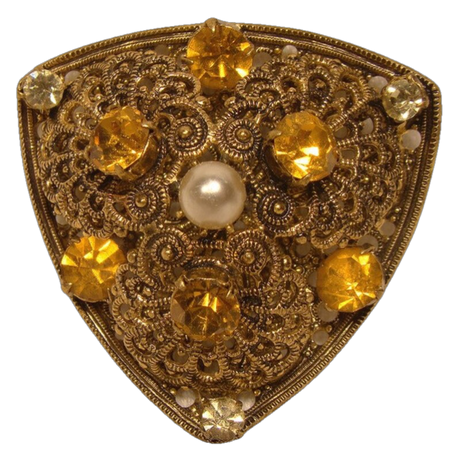 Amber & Yellow Rhinestone Filigree Brooch Pin 1950s - Czech or German Style Triangle