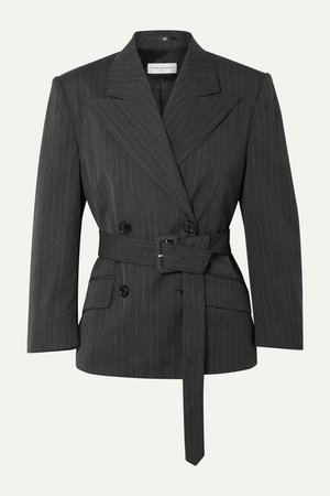 Belted Double-breasted Pinstriped Twill Blazer - Dark gray
