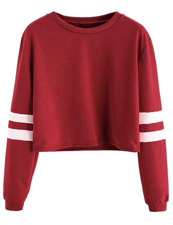 SweatyRocks Women's Striped Long Sleeve Crewneck Crop Top Sweatshirt Burgundy L at Amazon Women’s Clothing store: