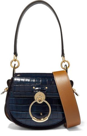 Tess Small Croc-effect Leather And Suede Shoulder Bag - Navy