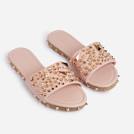 Toni Studded Detail Flat Slider Sandal In Pink Faux Leather | EGO