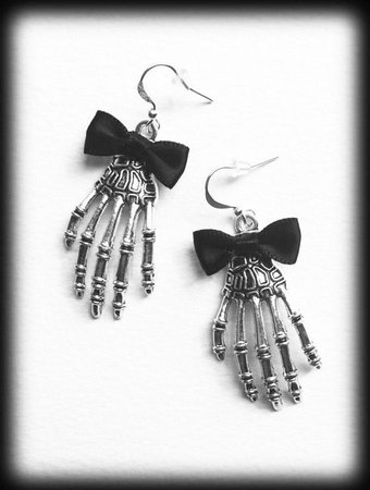 Gothic Skeleton Hand Earrings Antique Silver Black Bows | Etsy