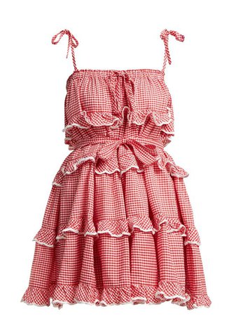 Gingham-print tiered-ruffle cotton dress
