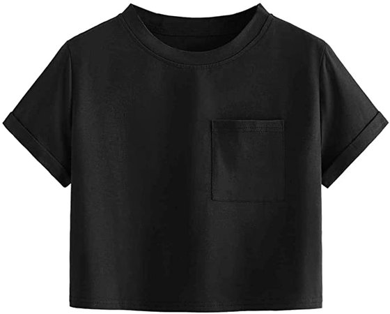 SweatyRocks Women's Solid Roll Up Short Sleeve Casual Crop Tops T-Shirt Black S at Amazon Women’s Clothing store