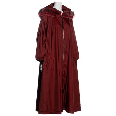 Jean Paul Gaultier burgundy nylon puffer coat with large faux fur hood, fw 1995 For Sale at 1stDibs