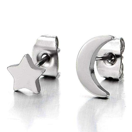 Amazon.com: Pair Stainless Steel Moon and Star Plain Stud Earrings for Womens and Girls: Clothing