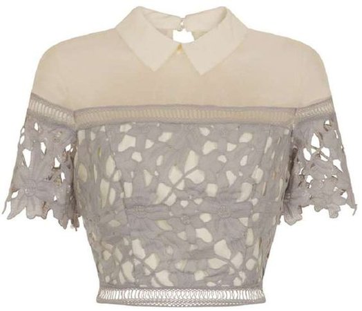 Grey & Cream Lace Collar Cropped Blouse