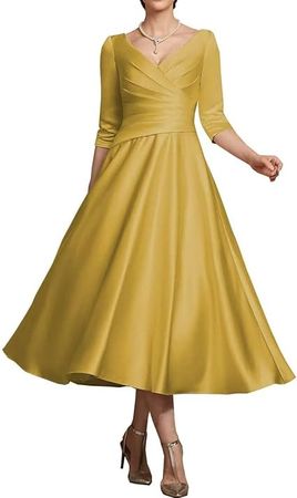 Amazon.com: NABN Women's 3/4 Sleeves Prom Dresses Tea Length Mother of The Bride Dress Satin Formal Party Evening Gowns : Clothing, Shoes & Jewelry