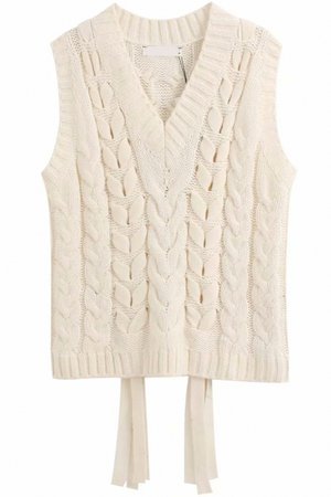 Elegant Girls' Sleeveless Deep V-Neck Cable Knit Fringe Decoration Loose Pullover Sweater Vest in Beige - Beautifulhalo.com
