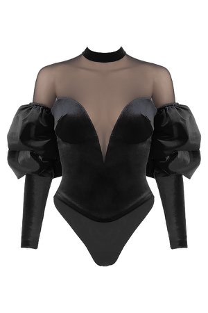 Clothing : Bodysuits : 'Monique' Black Velvet and Tulle Bodysuit