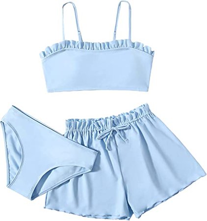 Amazon.com: Romwe Girl's 3 Piece Swimsuit Plain Frill Trim Tie Front Bikini Set with Short Blue 160 : Clothing, Shoes & Jewelry