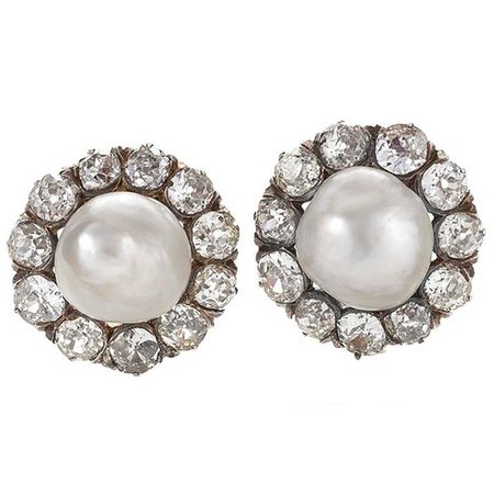 Antique Natural Saltwater Pearl Diamond Cluster Earrings For Sale at 1stdibs