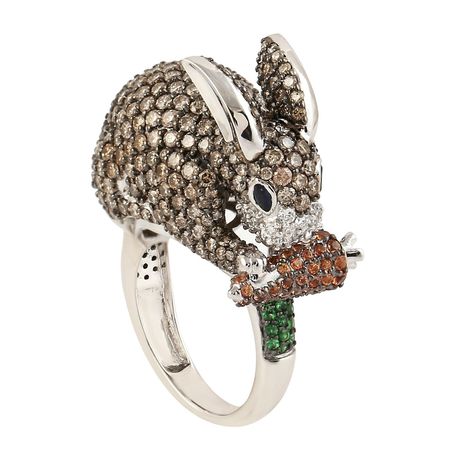18K Gold Tsavorite Brown Diamond Blue & Orange Sapphire Rabbit Ring Animal Jewelry | Artisan | Wolf & Badger