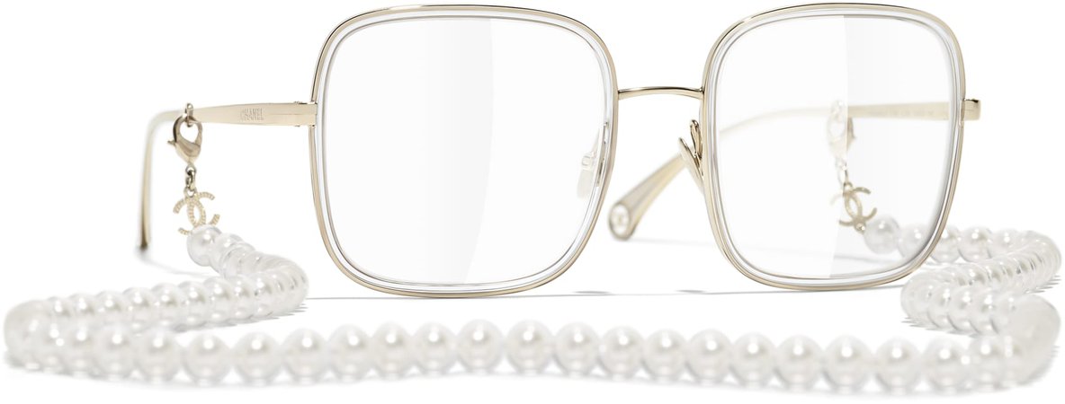 Square Eyeglasses, metal, resin & glass pearls, gold - CHANEL