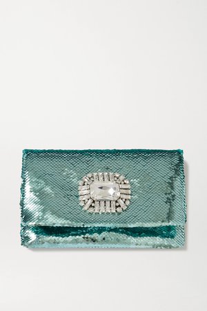 Green Titania crystal-embellished sequined satin clutch | Jimmy Choo | NET-A-PORTER