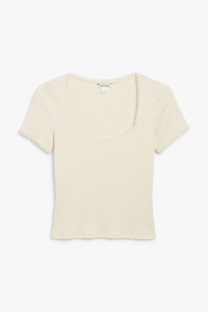 Ribbed top with lace trims - Cream - T-shirts - Monki WW
