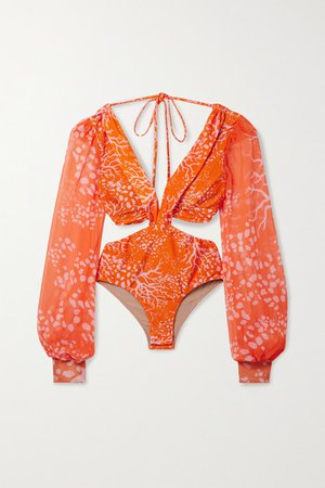 Coral Cutout Printed Chiffon-paneled Swimsuit - Orange