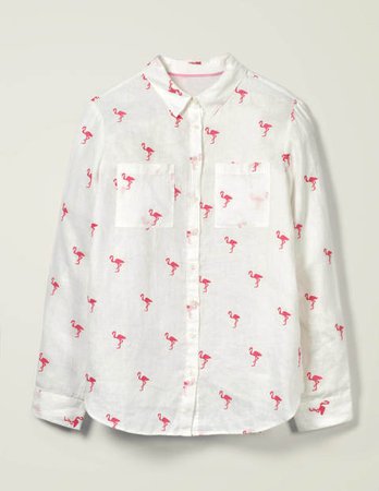 Embroidered Linen Shirt - White with Flamingo | Boden US