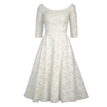 1950s Classic white lace long sleeves tea length party wedding dress For Sale at 1stDibs