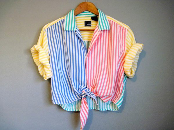 Cropped Shirt Stripe Vintage Top Rainbow Tie Front 1980s Large | Etsy