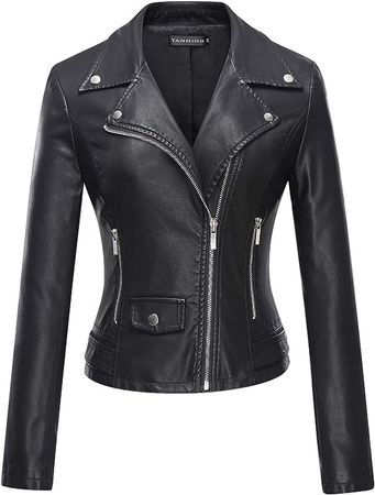 Tanming Women's Faux Leather Moto Biker Short Coat Jacket (Black-M) at Amazon Women's Coats Shop