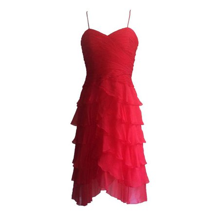 Oscar de la Renta Red Silk Chiffon Tiered Skirt Party Dress, 1990s