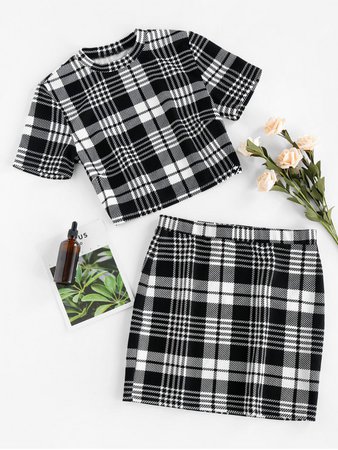 [35% OFF] [HOT] 2019 ZAFUL Houndstooth Plaid Bodycon Mini Skirt Set In BLACK | ZAFUL Europe