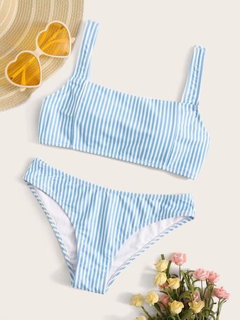 Striped Top With Cheeky Bikini Set | SHEIN USA