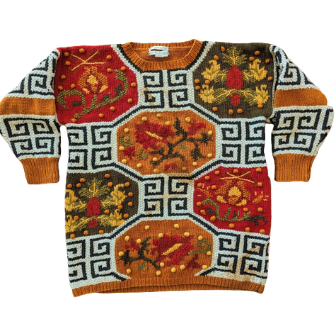 Vintage 90s Handknit Floral Geometric Cotton Blend Pullover Jumper Sweater 2X