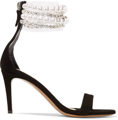 Coco Faux Pearl And Crystal-embellished Pvc And Suede Sandals - Black