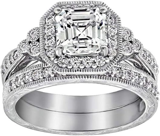 Platinum or Gold Plated Sterling Silver Antique Ring set with Asscher-Cut Infinite Elements Cubic Zirconia : Clothing, Shoes & Jewelry