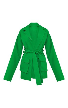 Emerald Green Woven Pocket Belted Utilty Blazer | PrettyLittleThing USA