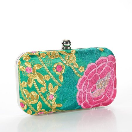 Embroidered Hard Clutch Top Clasp Handbag Floral Vintage Faye London
