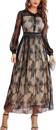 Inshine Women Mesh Sheer Long Sleeves High Waist Tiered Hemline A-Line Flowy Long Midi Maxi Dresses at Amazon Women’s Clothing store