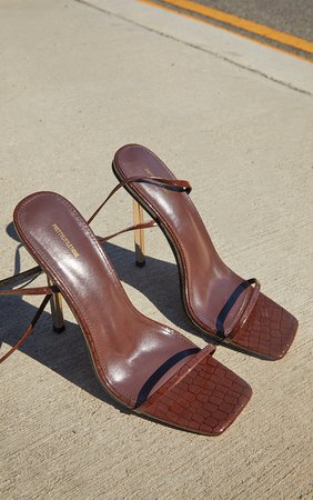 Chocolate Pu Patent Croc Metal High Heeled Sandals | PrettyLittleThing USA