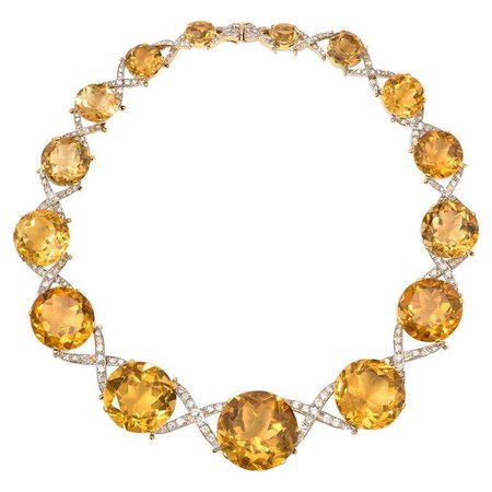 1940s Graduated Citrine Necklace with Diamond X-Form Intersections