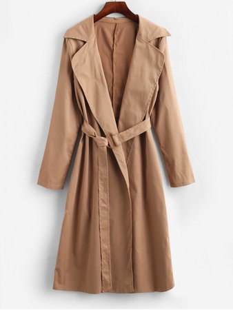 Belted Longline Trench Coat In BURLYWOOD | ZAFUL