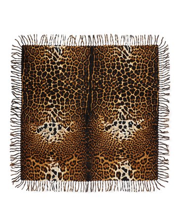 Saint Laurent Wool Toile Leopard Fringe Scarf