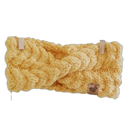 La Frileuse: Yellow winter headband in braided knitted