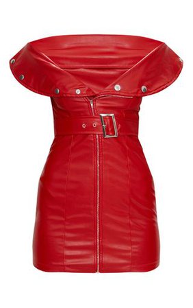 Red Faux Leather Bardot Waist Belt Bodycon Dress | PrettyLittleThing