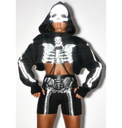 Halloween Reflective Skeleton Crop Graphic Hoodie Chains | Dolls Kill